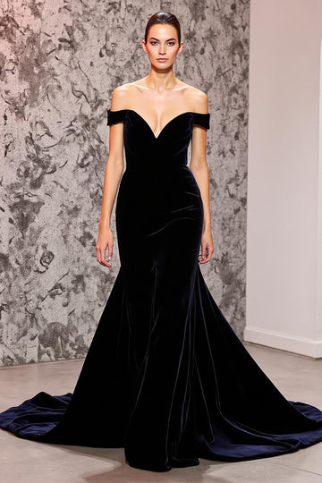 Black Off The Shoulder A Line Open Back Evening Dress